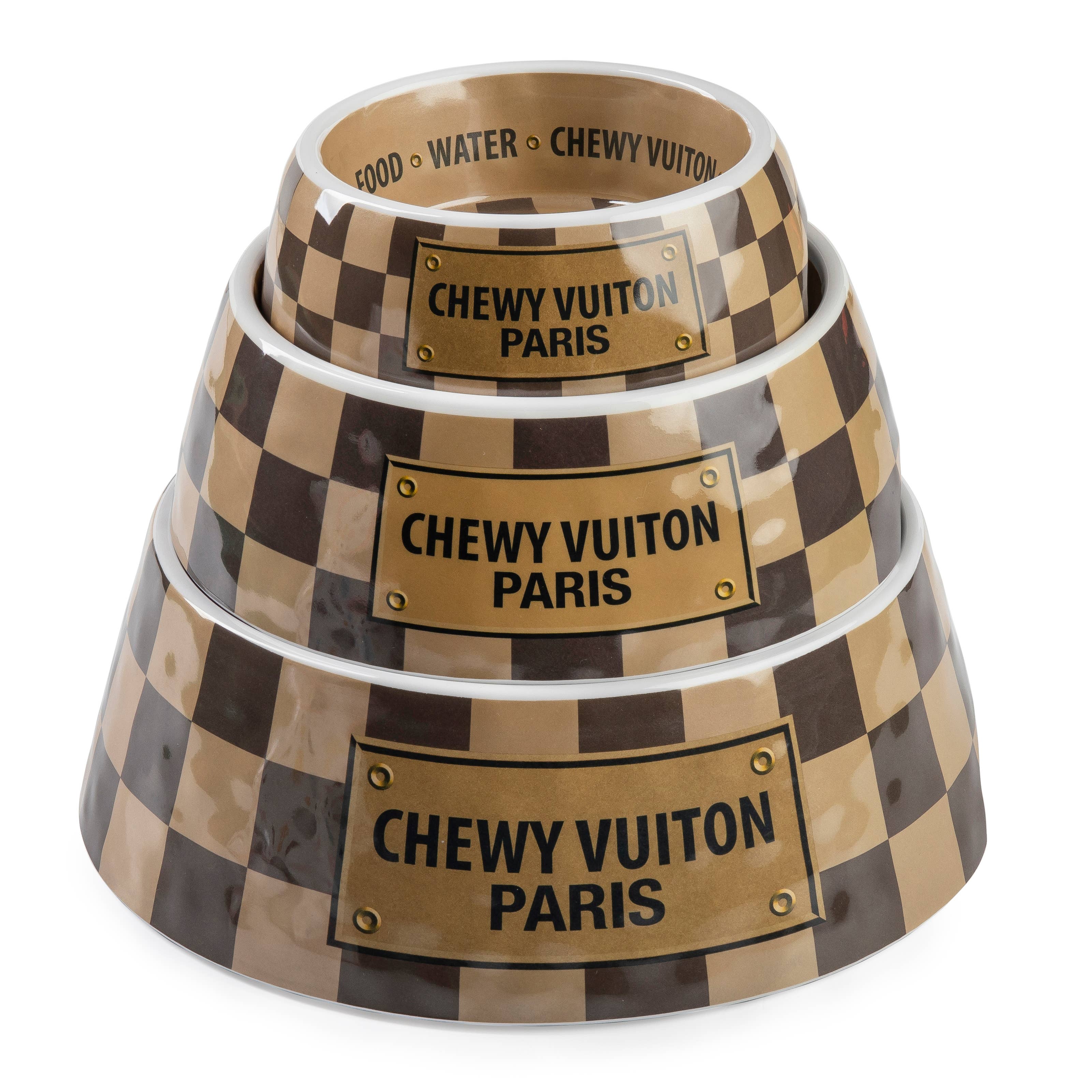 Tan Checker Chewy Vuiton Bowls & Placemat - Cat or Dog Bowl: Small