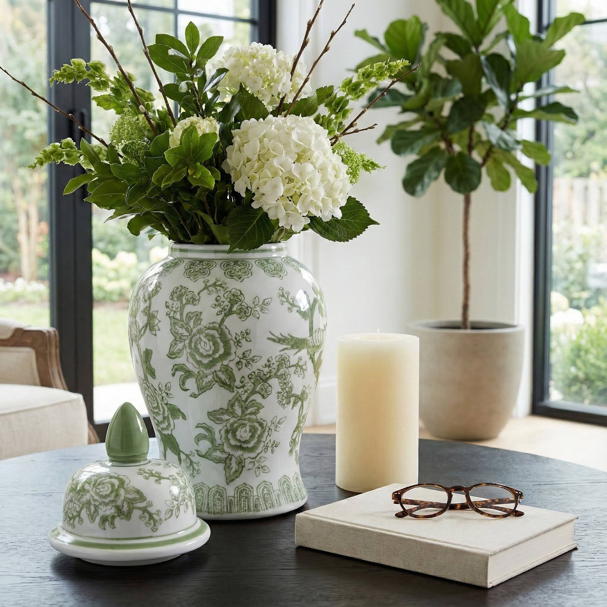Decorative Jar - Green/White Floral Round Chinoiserie, 14 in