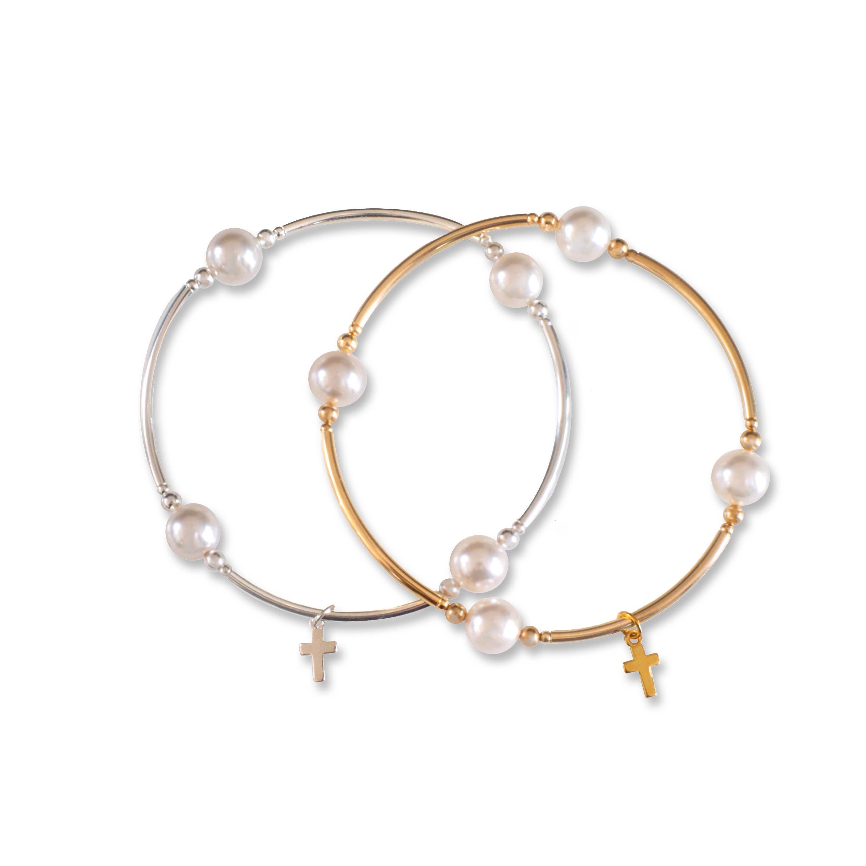 Charmed White Pearl & Cross 8mm Gold Blessing Bracelet: Large