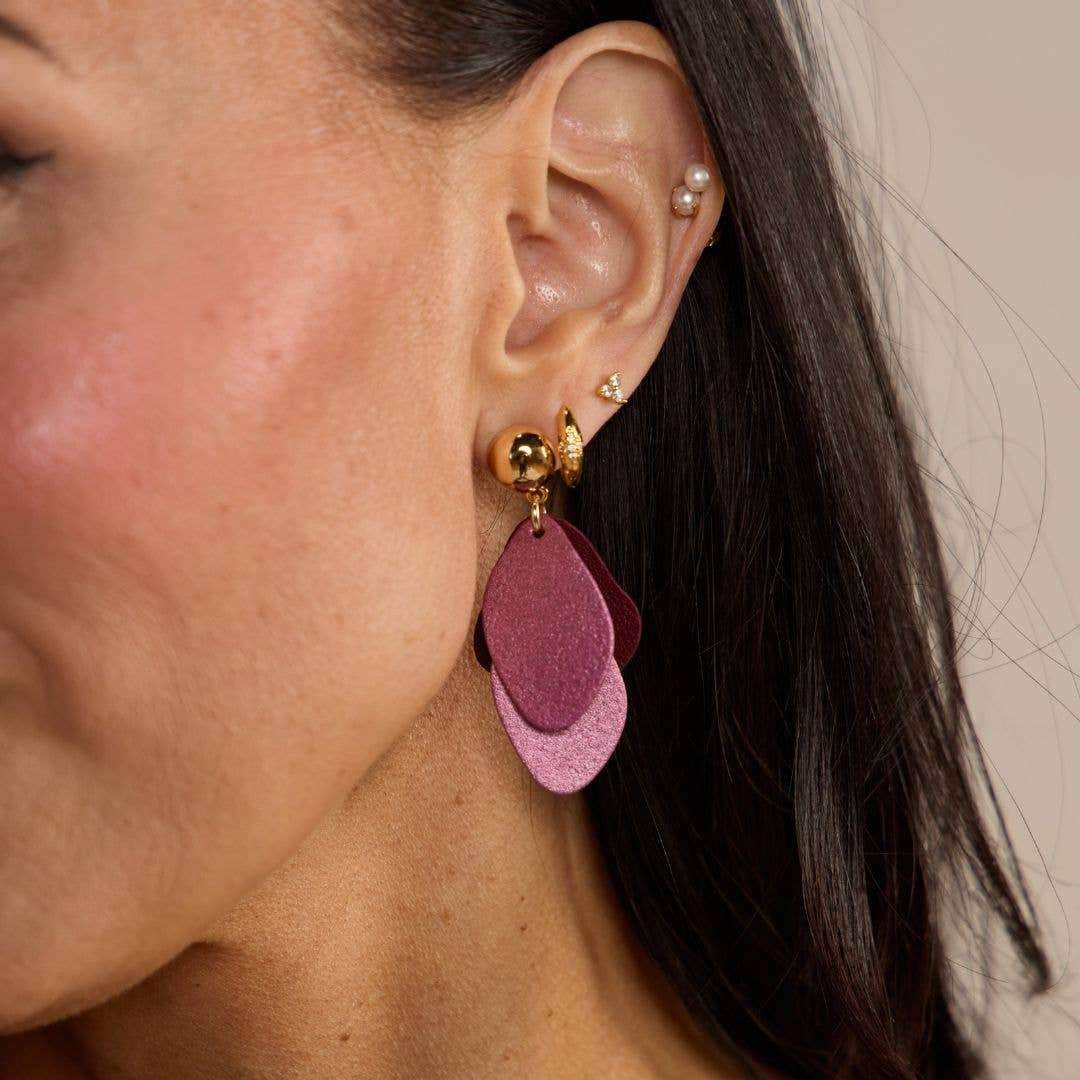 Garnet Shimmer Suede Weston Leather Drop Earrings: Gold