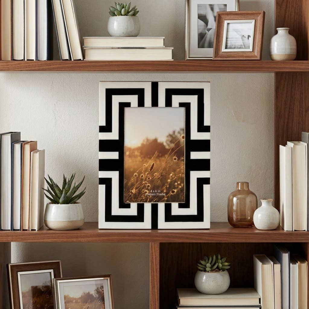 Photo Frame - Black Resin Wood Geometric Pattern, 4x6 in.