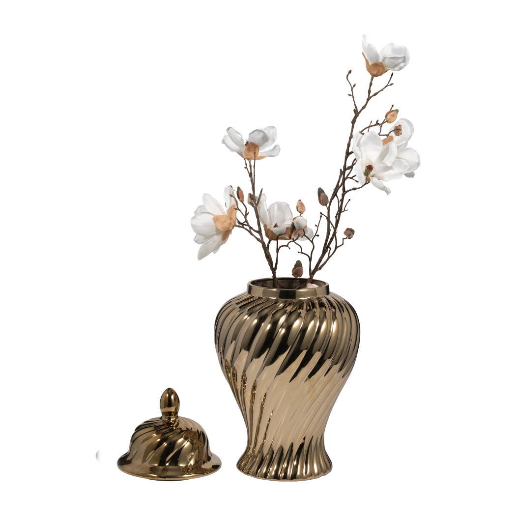 Decorative Jar - Gold Ceramic Swirl Tall Lidded, 20 in.