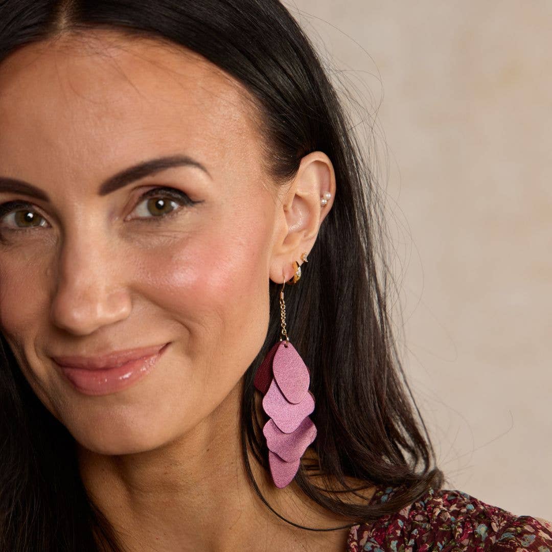 Garnet Shimmer Suede Florence Leather Dangle Earrings: Gold