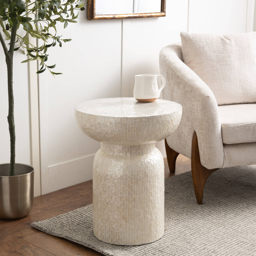 Modern and Contemporary Cream Capiz Shell Accent Table: 16"W, 22"H