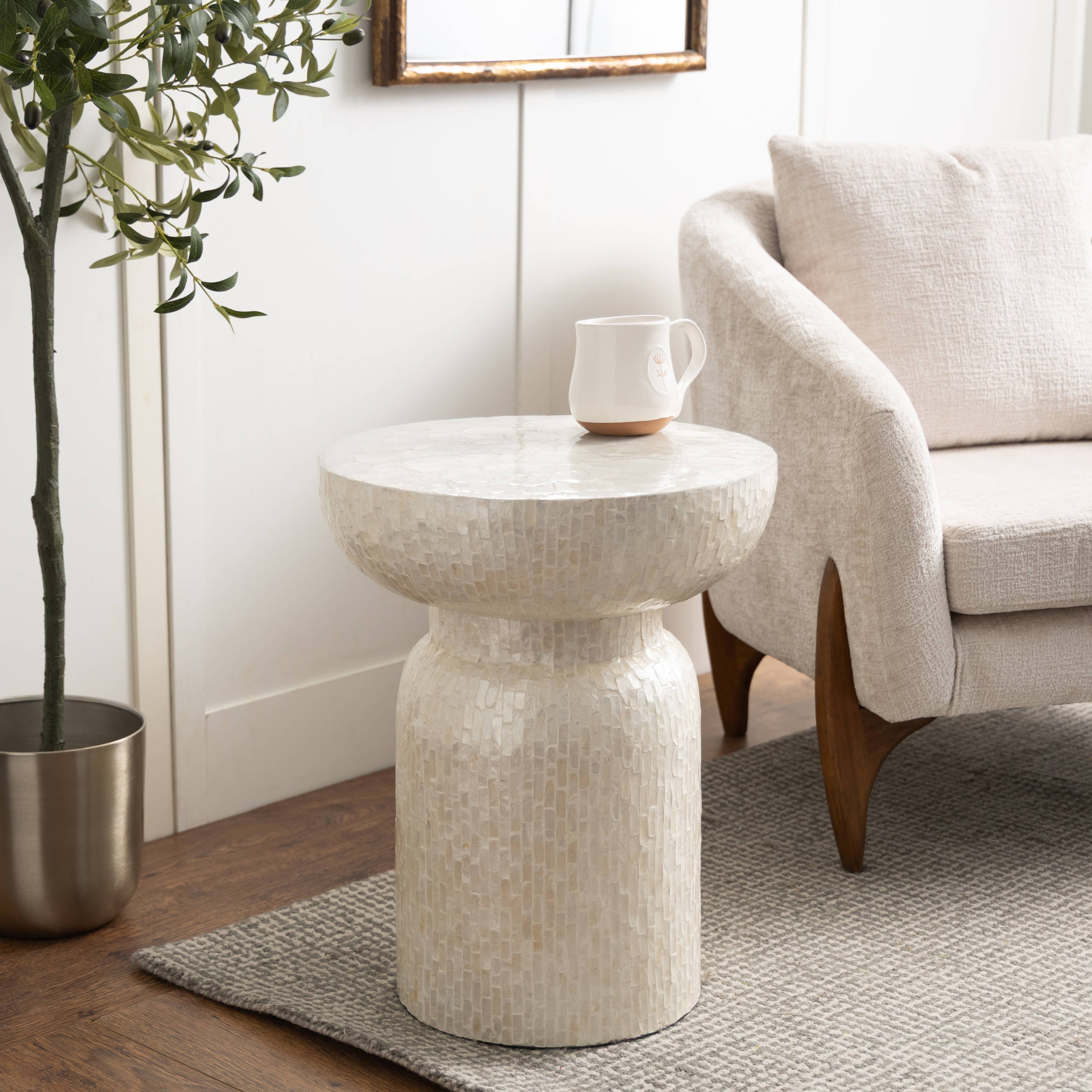 Modern and Contemporary Cream Capiz Shell Accent Table: 16"W, 22"H
