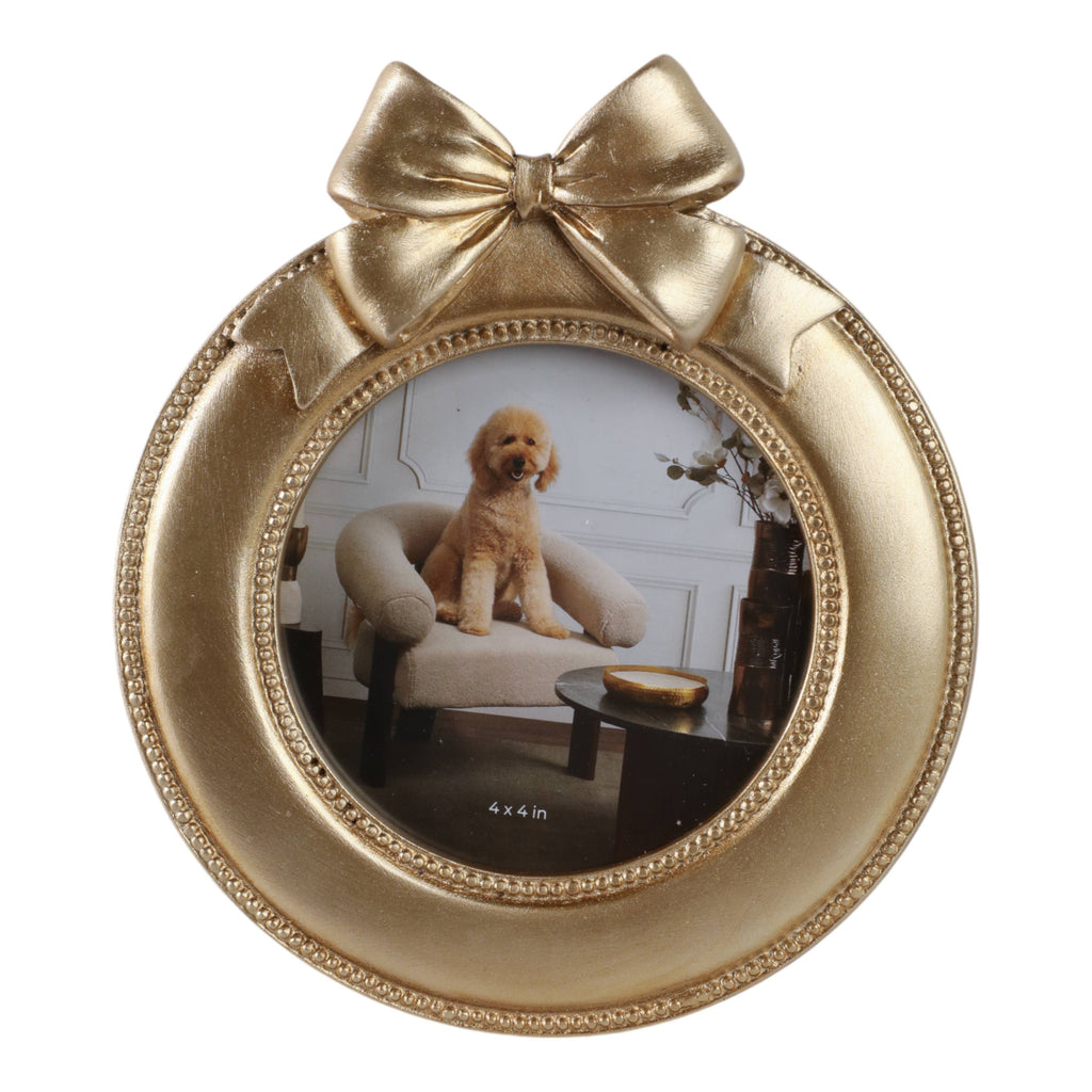 Photo Frame - Gold Polyresin Round with Bow, 4x4 in.