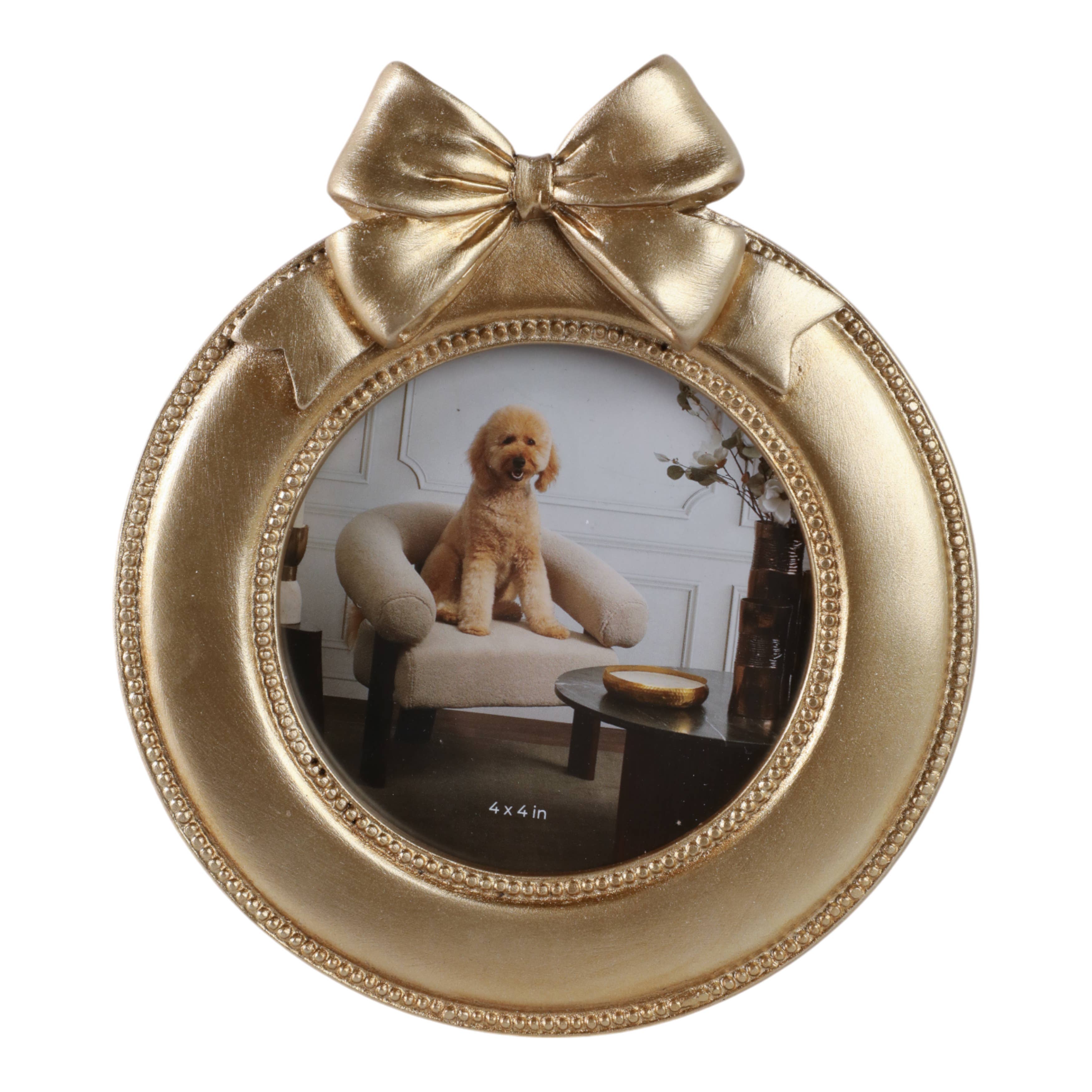 Photo Frame - Gold Polyresin Round with Bow, 4x4 in.