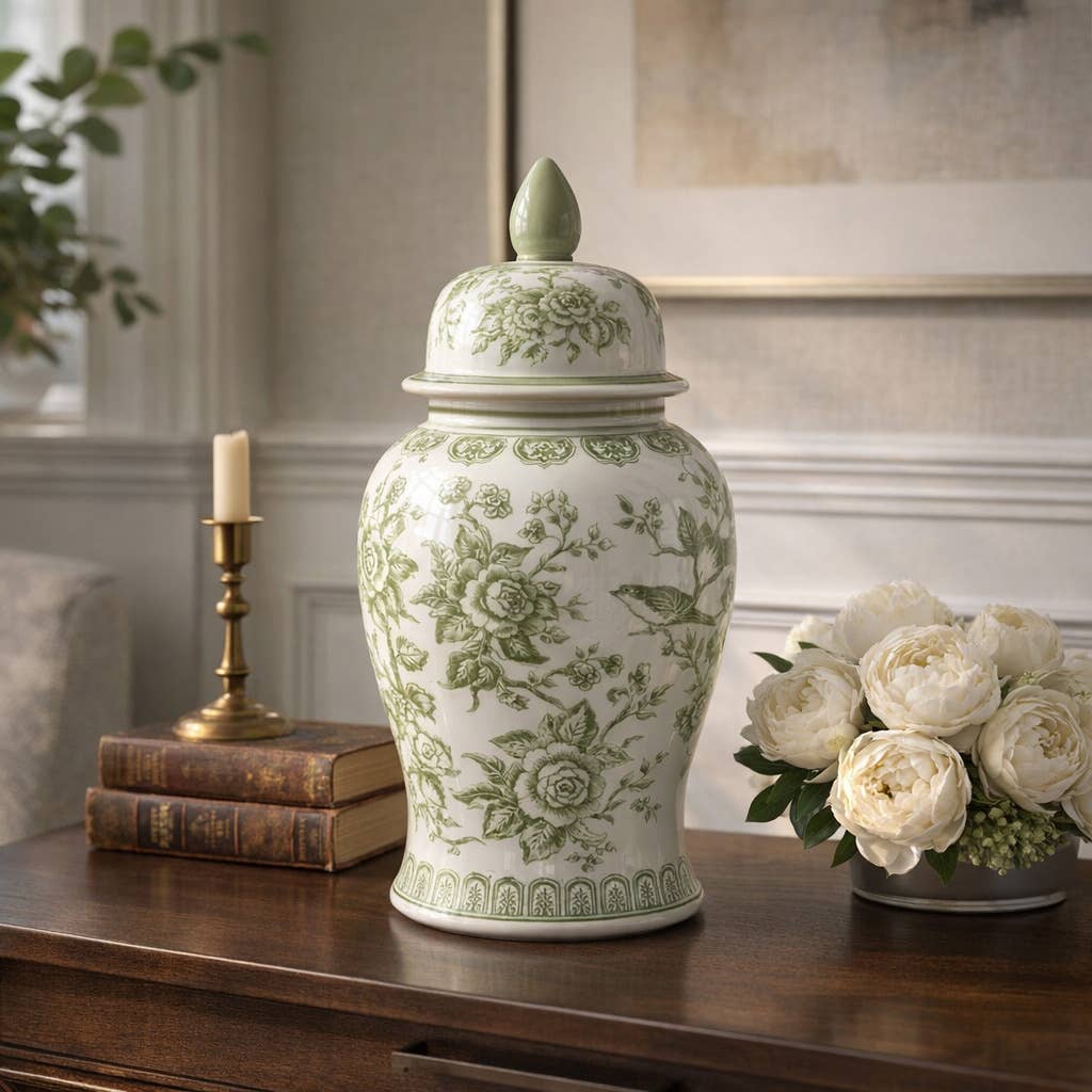 Decorative Jar - Green/White Floral Round Chinoiserie, 14 in