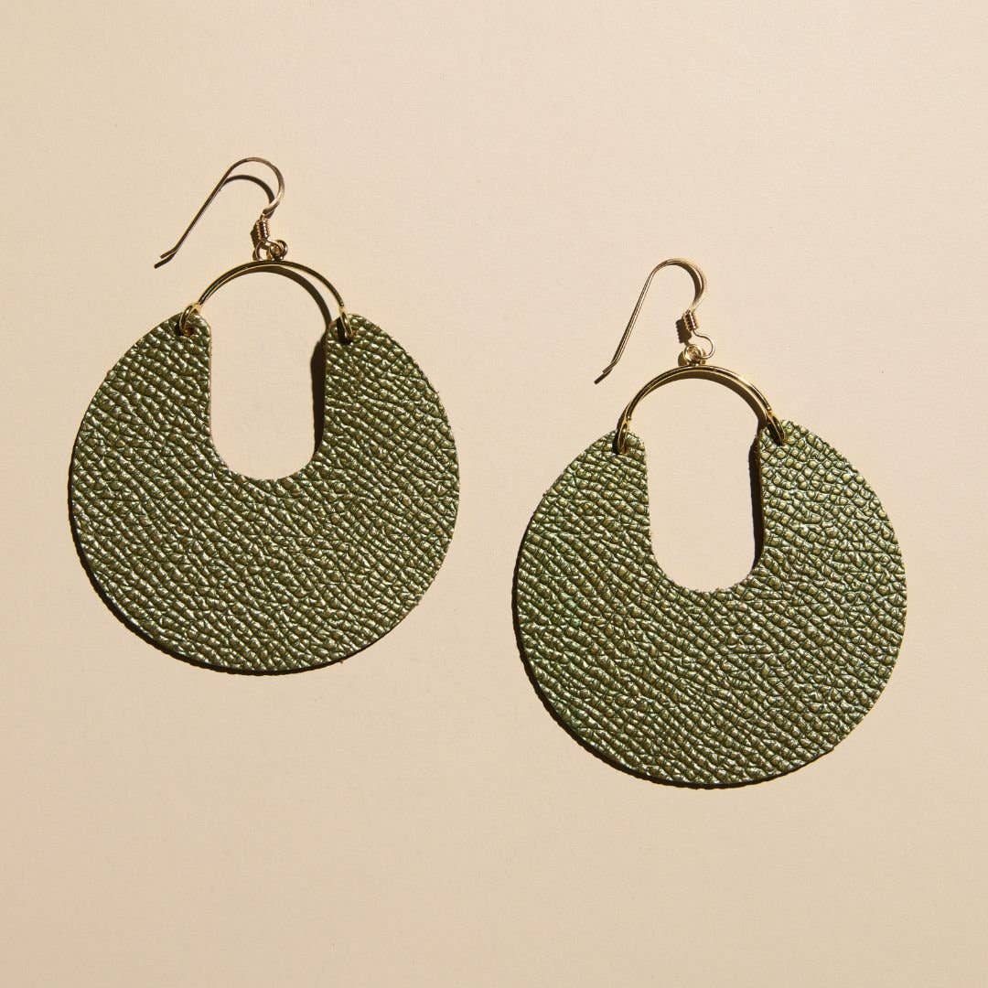 Metallic Moss Leo Leather Hoop Earrings: Gold