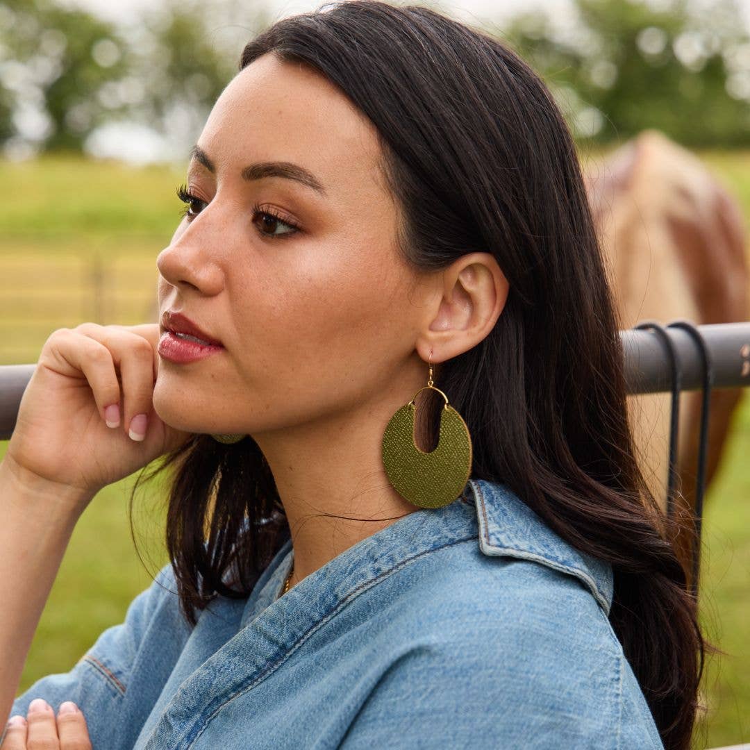 Metallic Moss Leo Leather Hoop Earrings: Gold