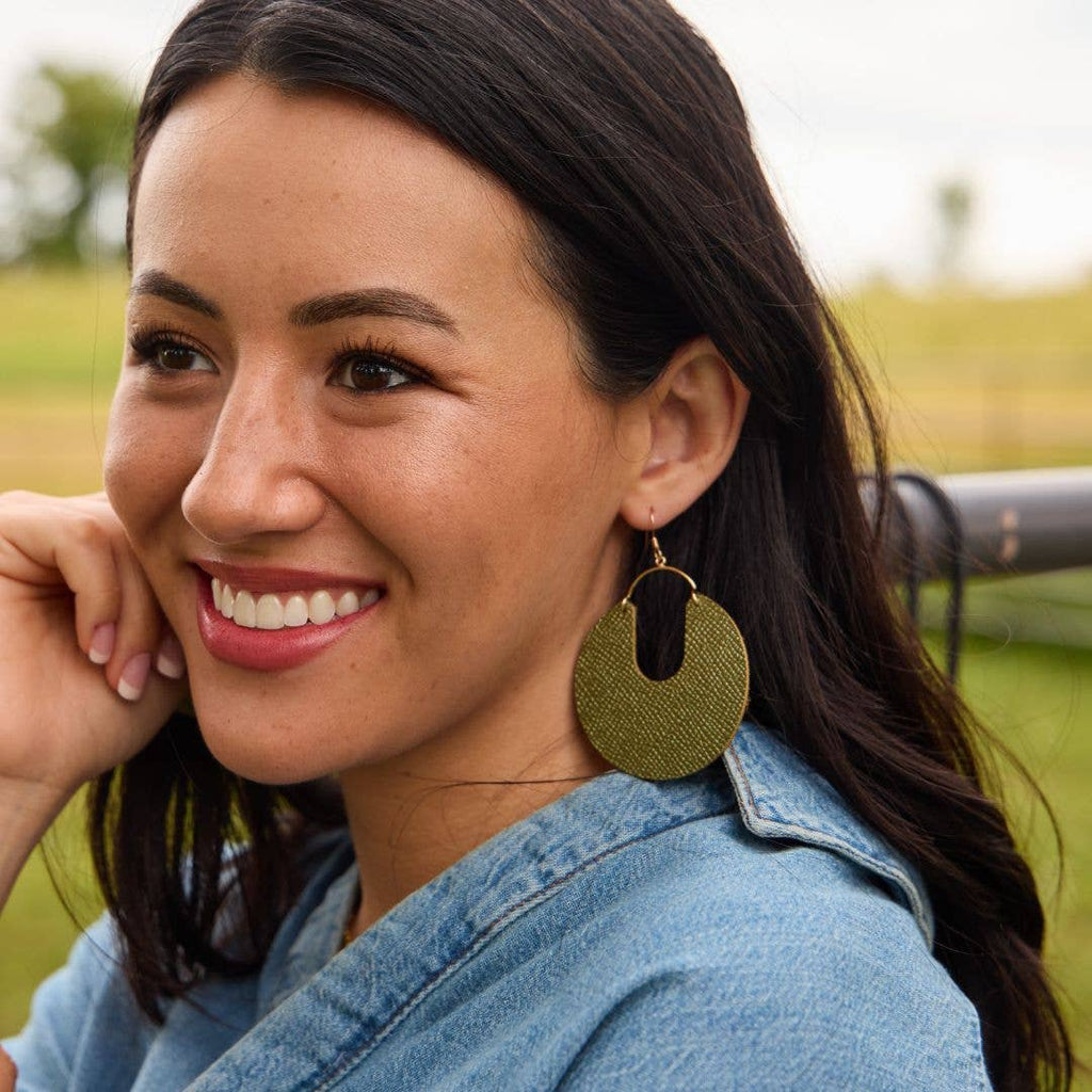 Metallic Moss Leo Leather Hoop Earrings: Gold