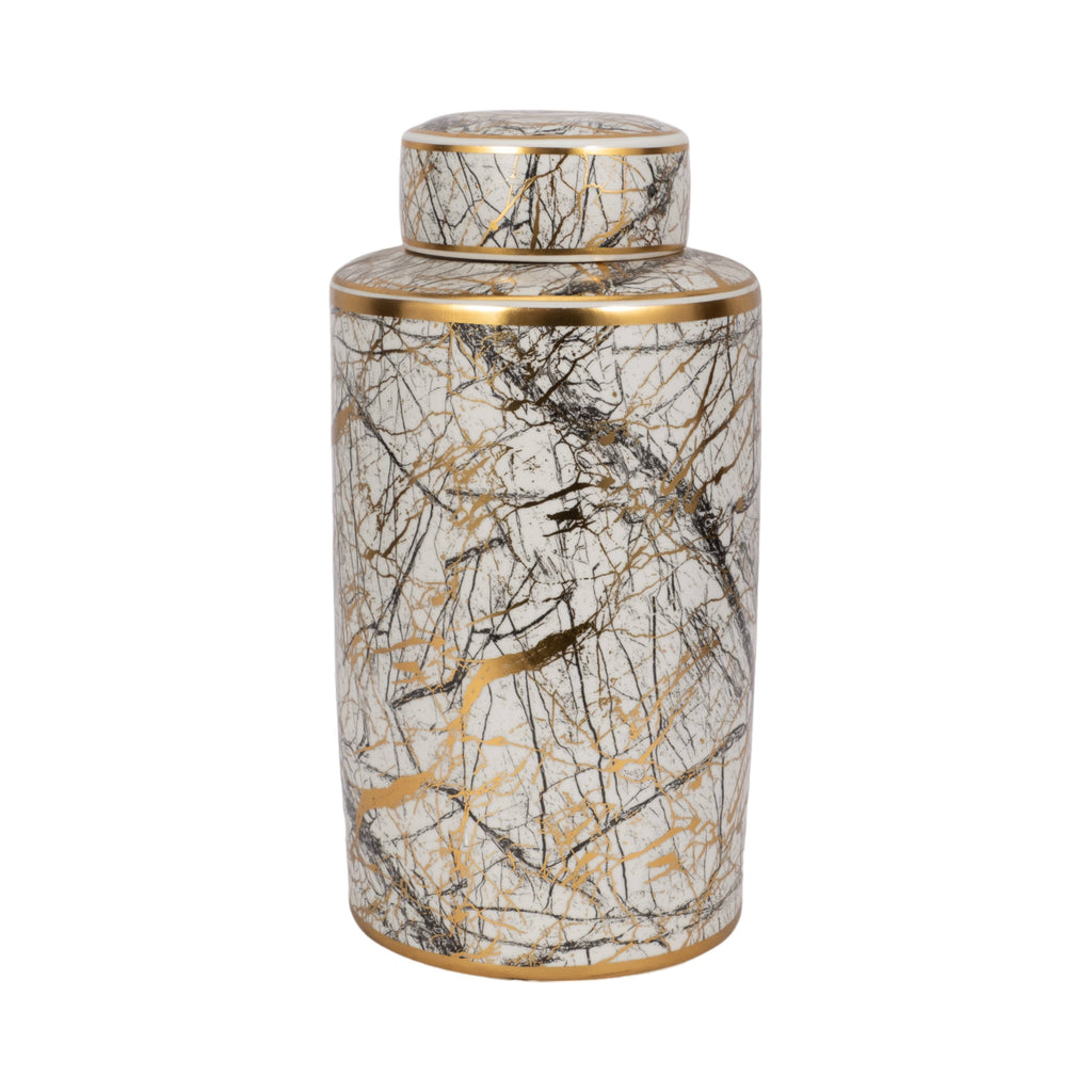 Decorative Jar - White Ceramic Modern with Gold Lid, 16 in.
