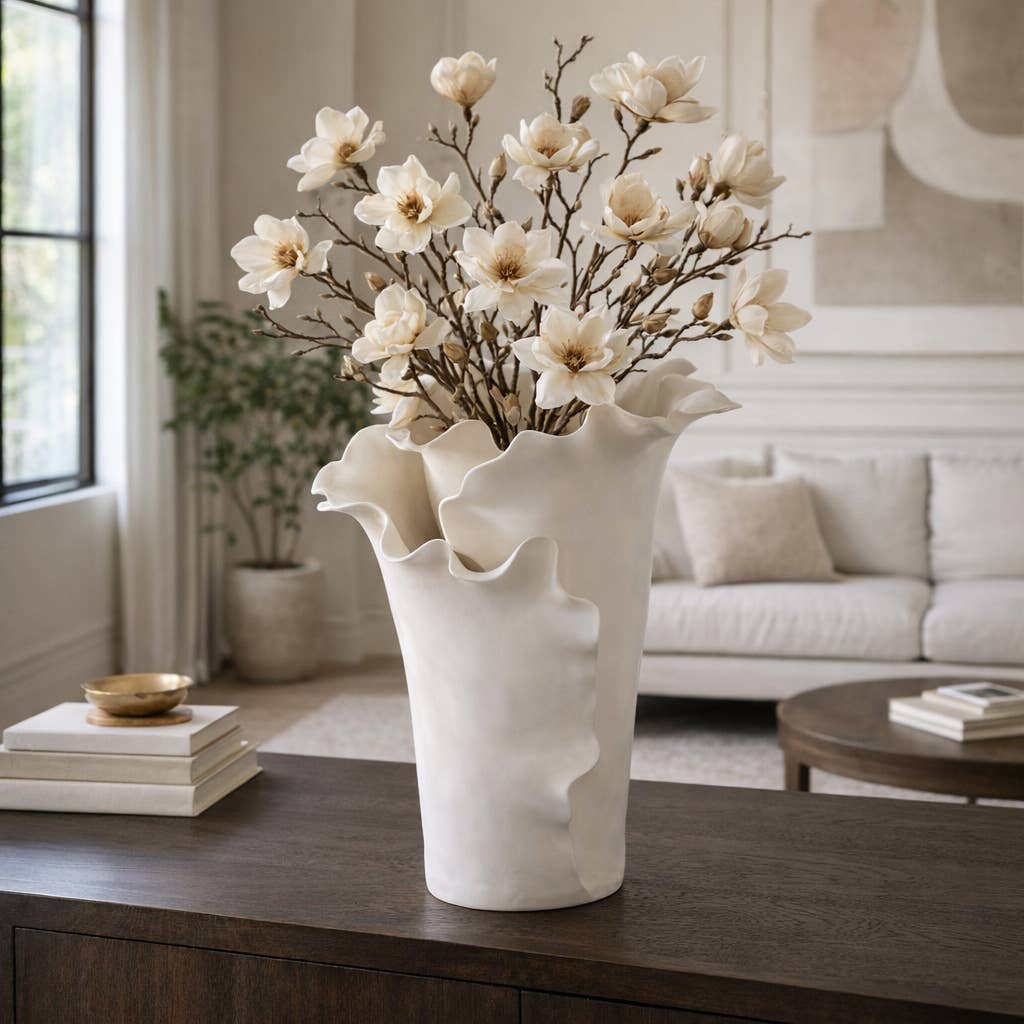 Decorative Vase - White Ceramic Handmade Ruffled Edge, 15 in