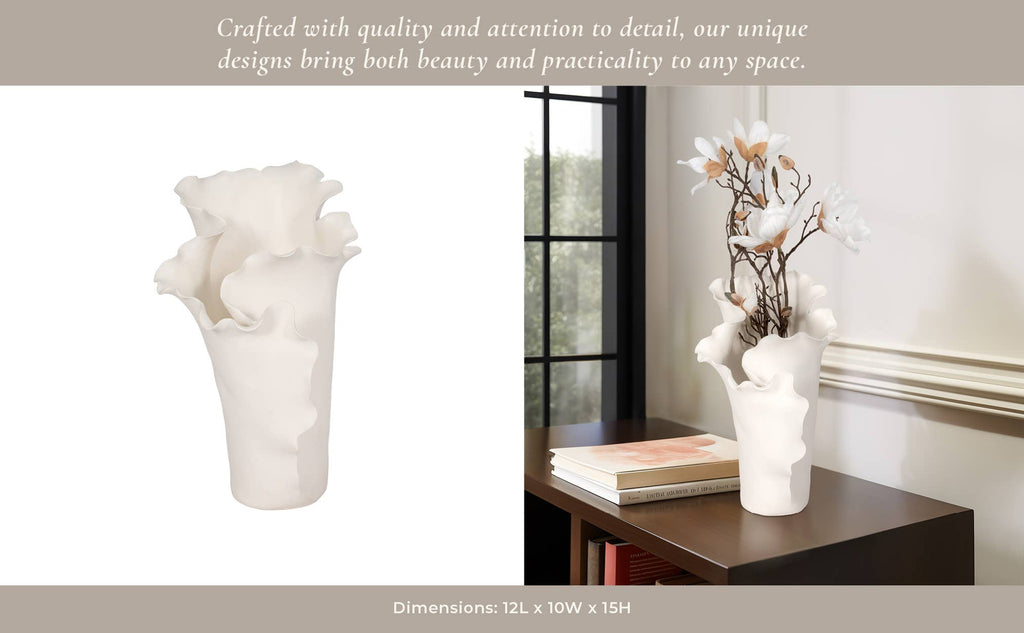 Decorative Vase - White Ceramic Handmade Ruffled Edge, 15 in