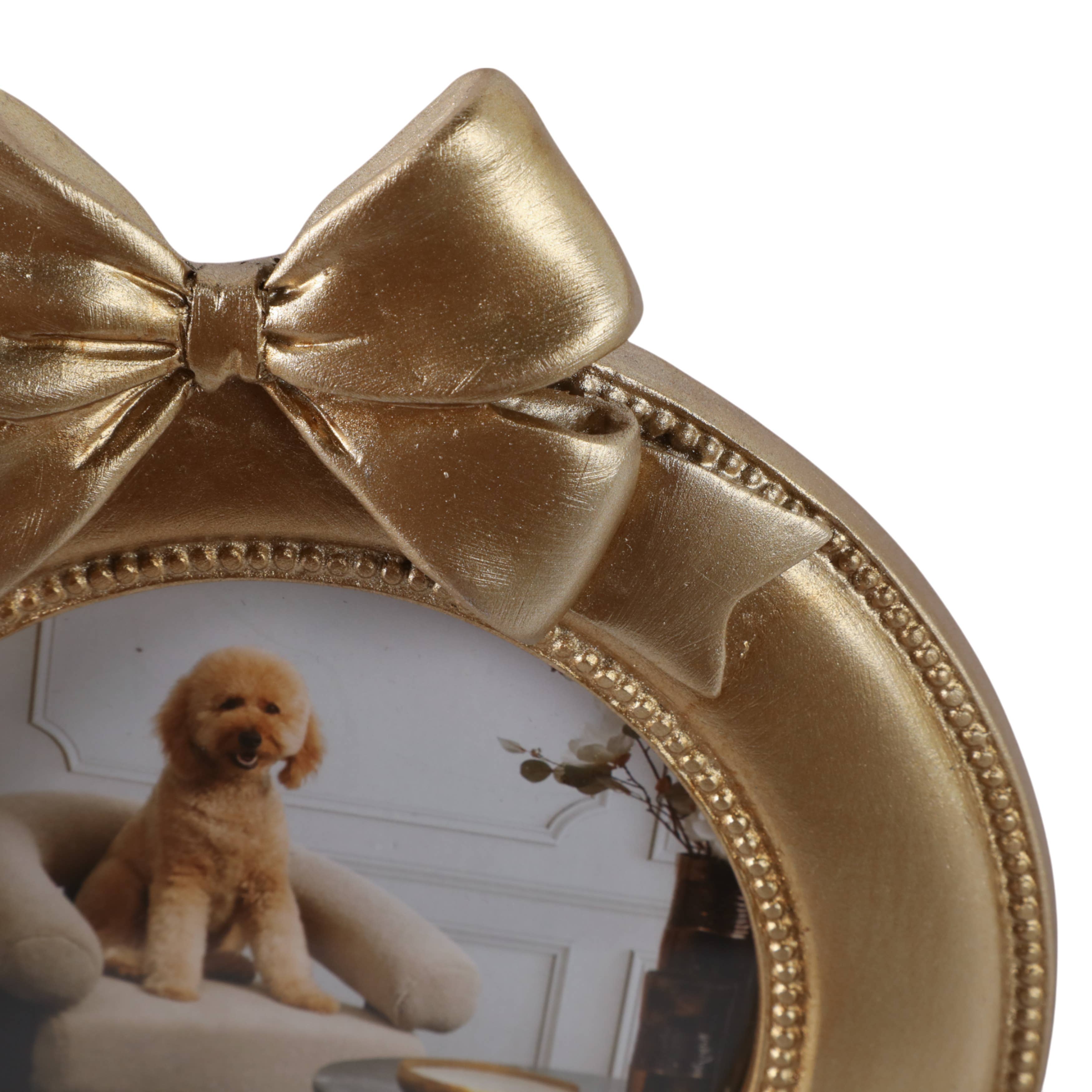 Photo Frame - Gold Polyresin Round with Bow, 4x4 in.