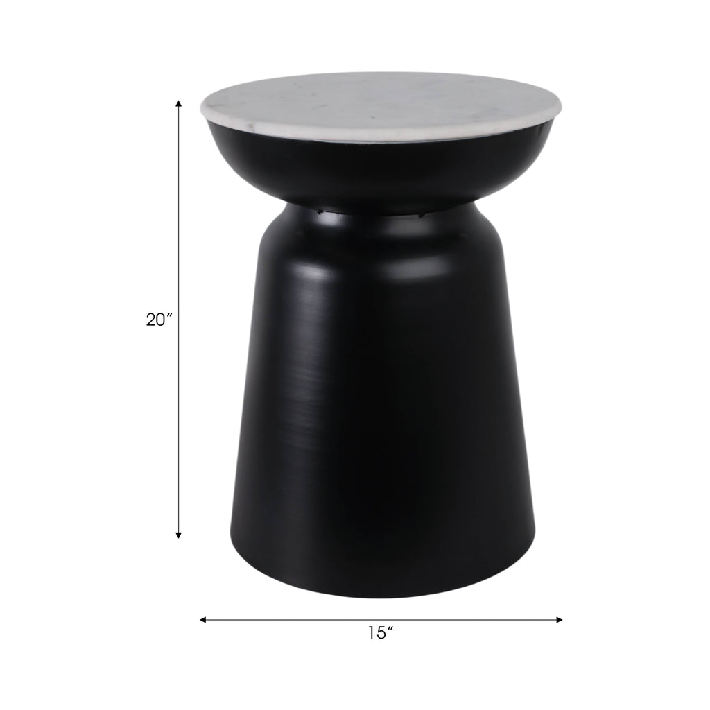 Side Table - Black Marble Round Top Metal Drum Base, 20 in.