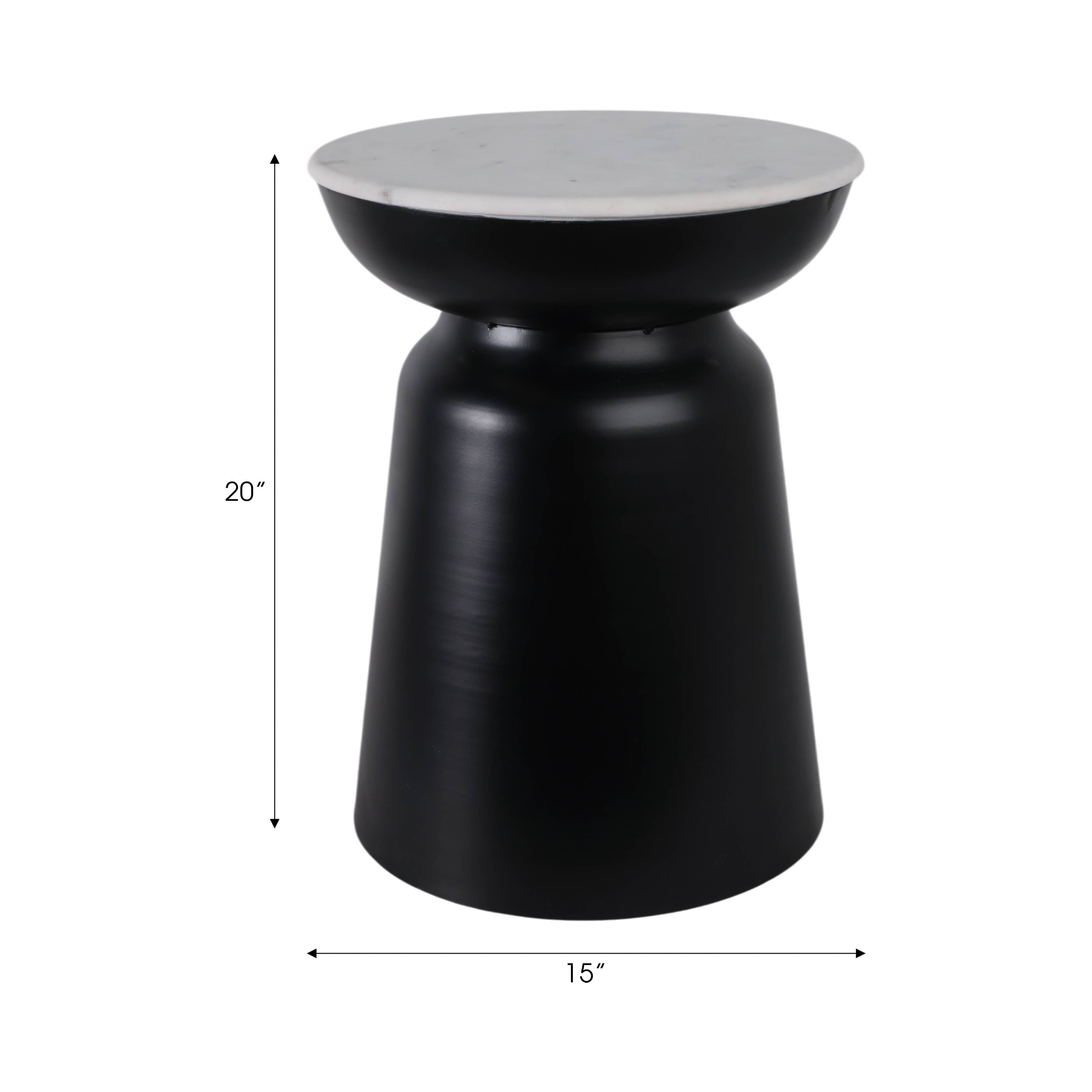 Side Table - Black Marble Round Top Metal Drum Base, 20 in.