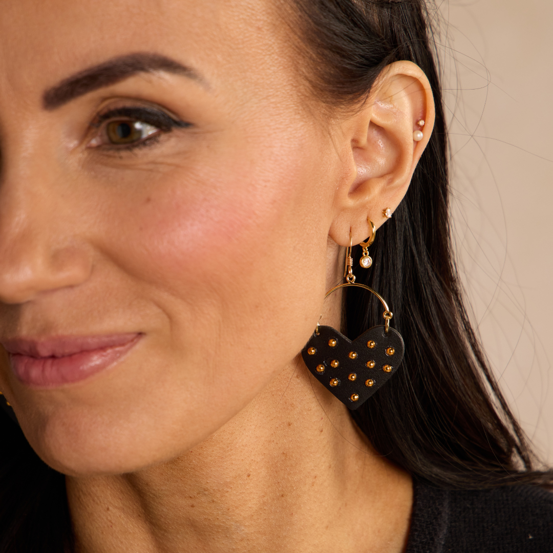 Black Harlow Studded Heart Hoop Earrings: Gold