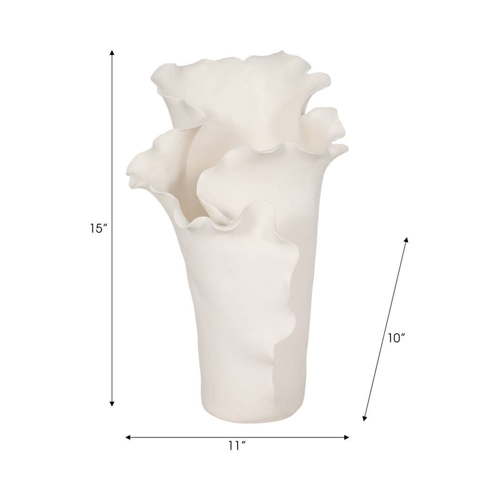 Decorative Vase - White Ceramic Handmade Ruffled Edge, 15 in