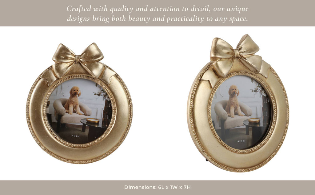 Photo Frame - Gold Polyresin Round with Bow, 4x4 in.