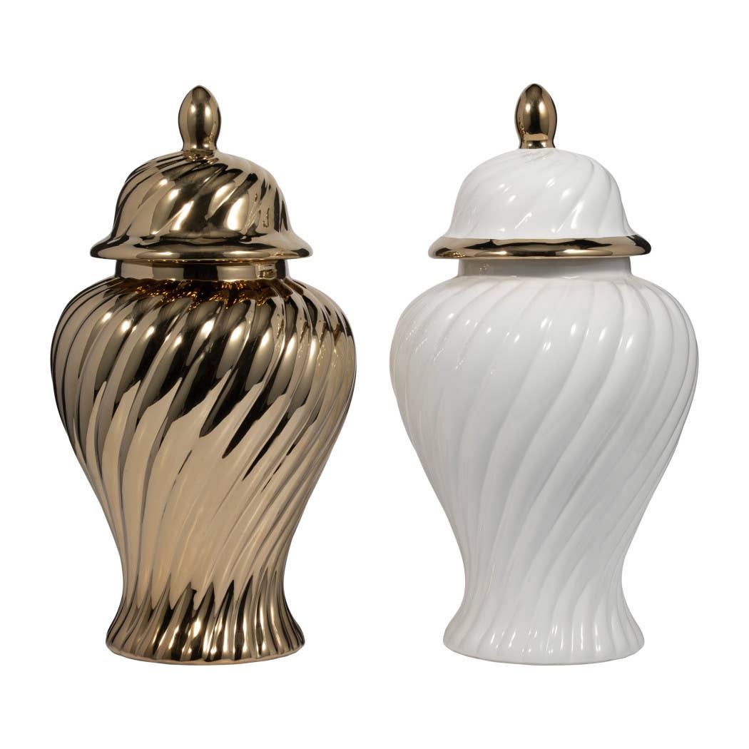 Decorative Jar - Gold Ceramic Swirl Tall Lidded, 20 in.