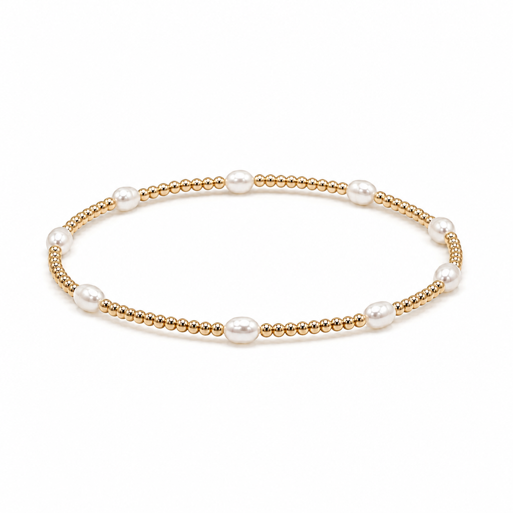 Petite Patterned Rice Pearl Bracelet with 14k Gold-Filled Beads: 6.5"