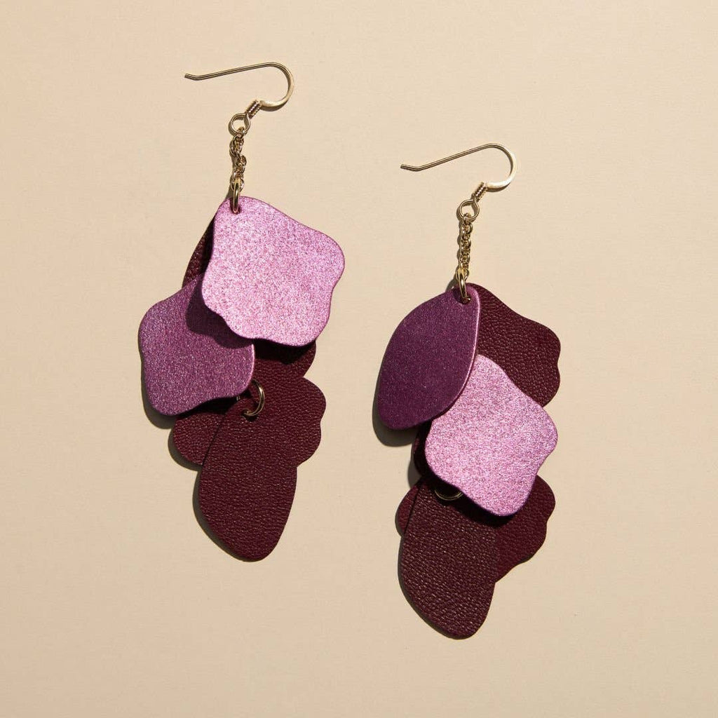 Garnet Shimmer Suede Florence Leather Dangle Earrings: Gold