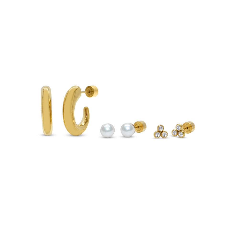 Hoop Pearl Earring Trio Set | Gold