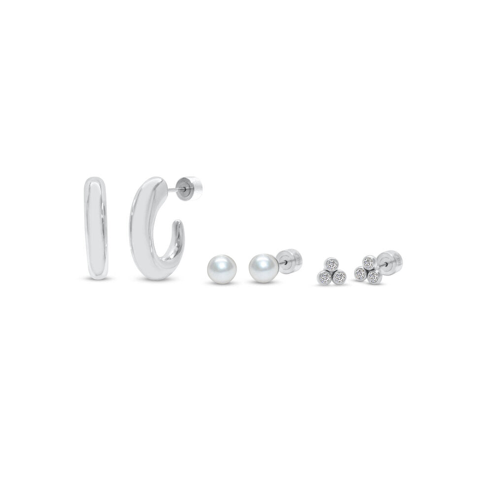 Hoop Pearl Earring Trio Set | Silver