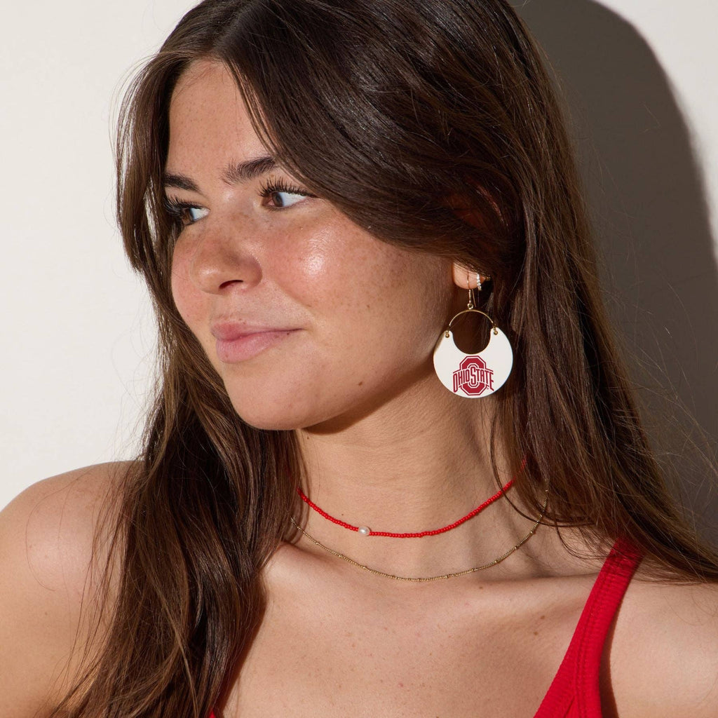 White Ohio State University Nina Leather Hoop Earrings: Silver