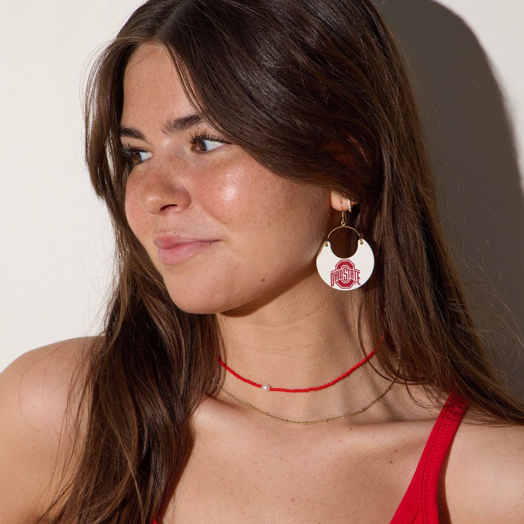 White Ohio State University Nina Leather Hoop Earrings: Silver