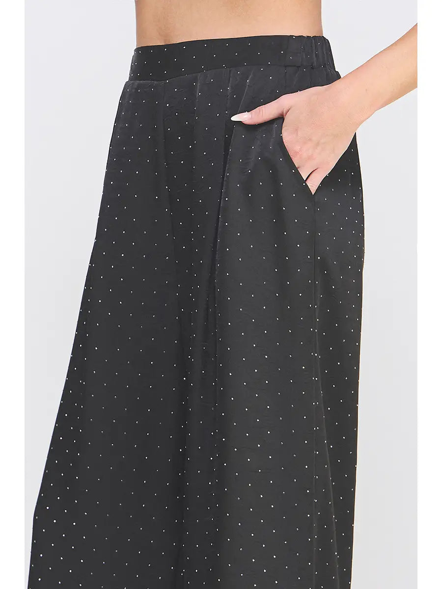 Embellished Crinkle Satin Soft Wide Leg Pant