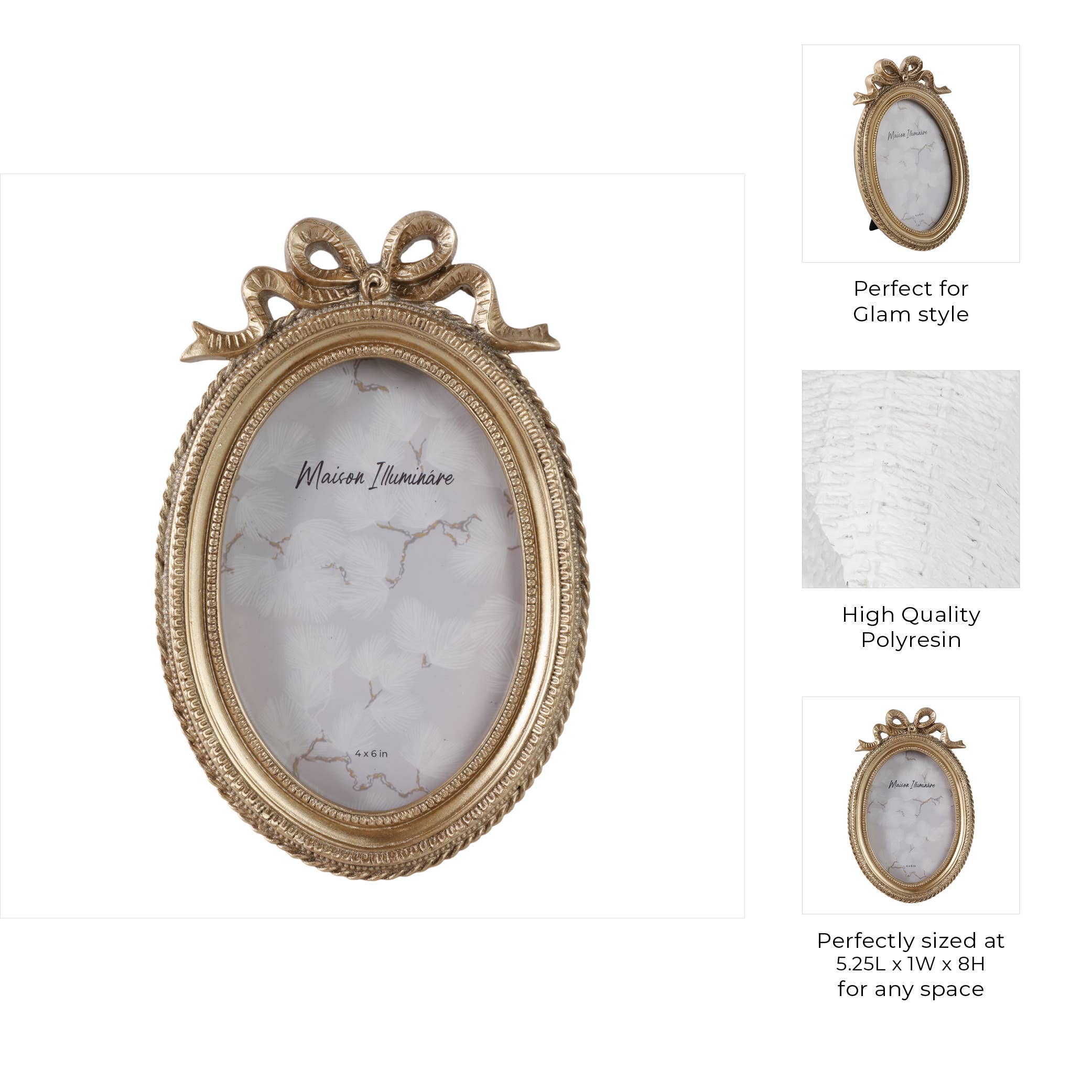 Photo Frame - Gold Polyresin Oval Coquette with Bow, 4x6 in.