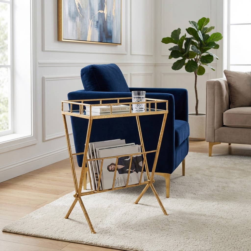 23 in. Tall Gold Metal 2 Tier Mirrored Magazine Bookcase