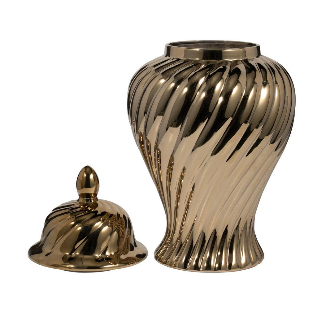 Decorative Jar - Gold Ceramic Swirl Tall Lidded, 20 in.