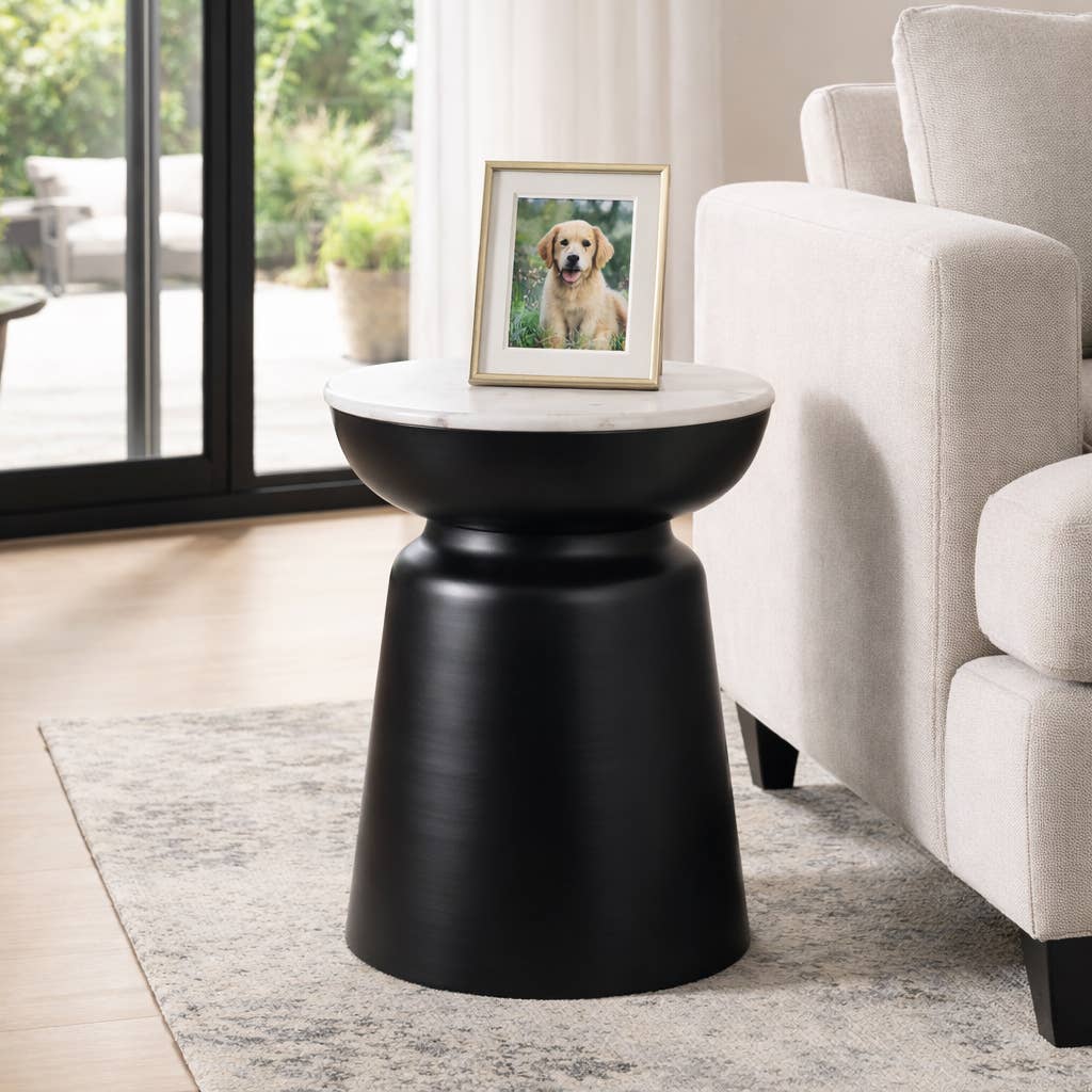 Side Table - Black Marble Round Top Metal Drum Base, 20 in.