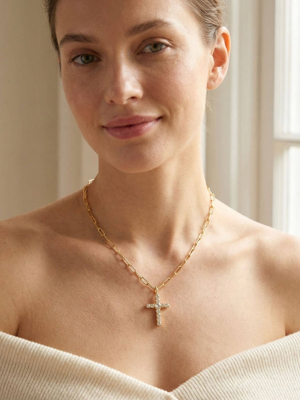 Cross Paperclip Pendant Necklace - NFZ11BGCRY: Clear