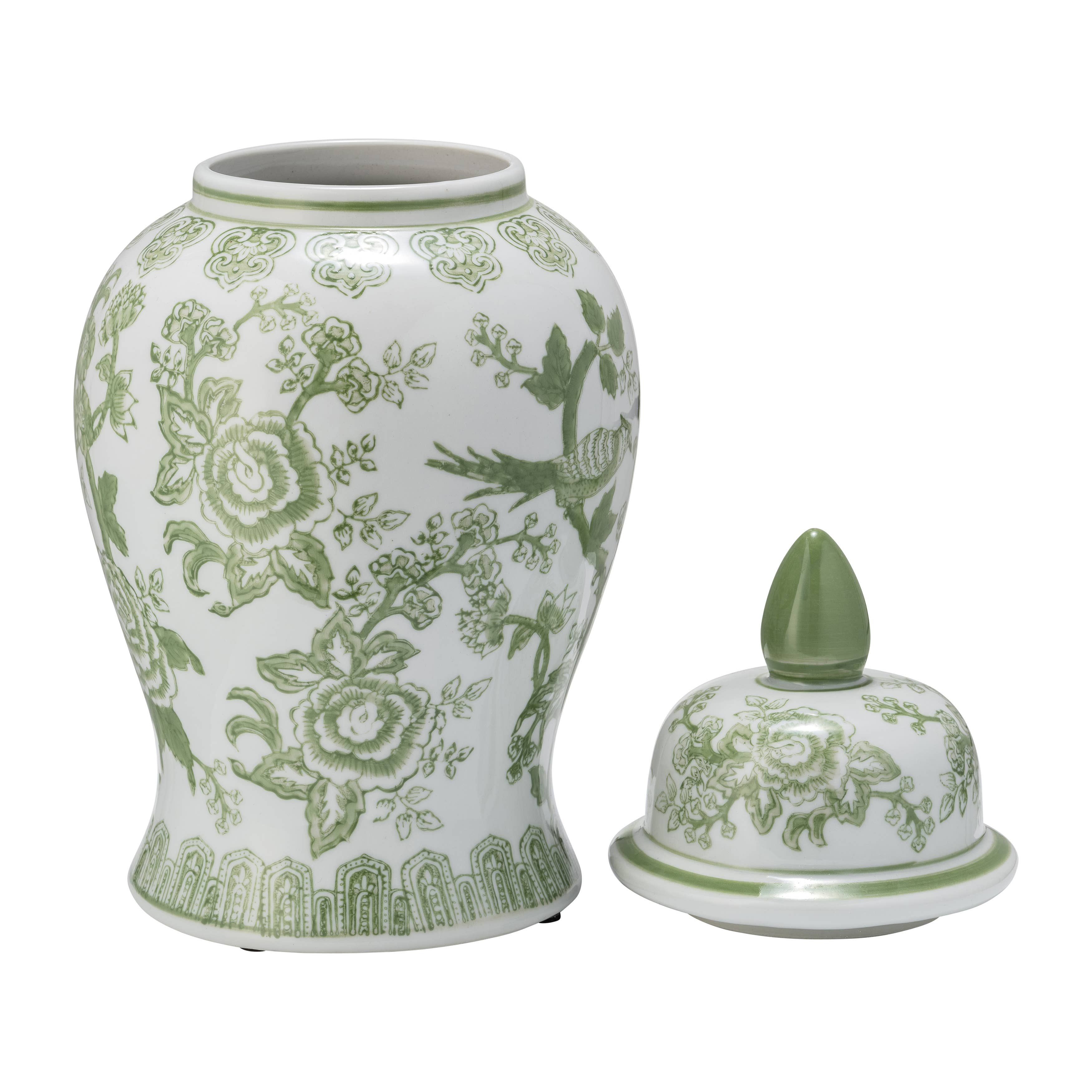 Decorative Jar - Green/White Floral Round Chinoiserie, 14 in