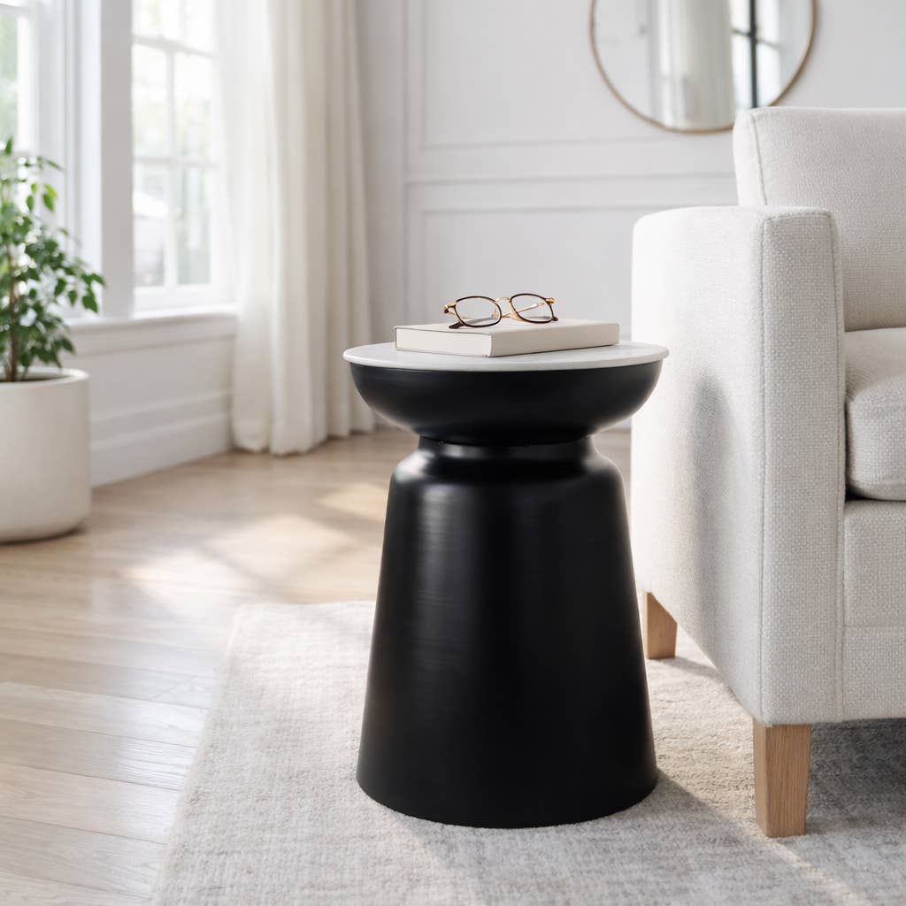 Side Table - Black Marble Round Top Metal Drum Base, 20 in.