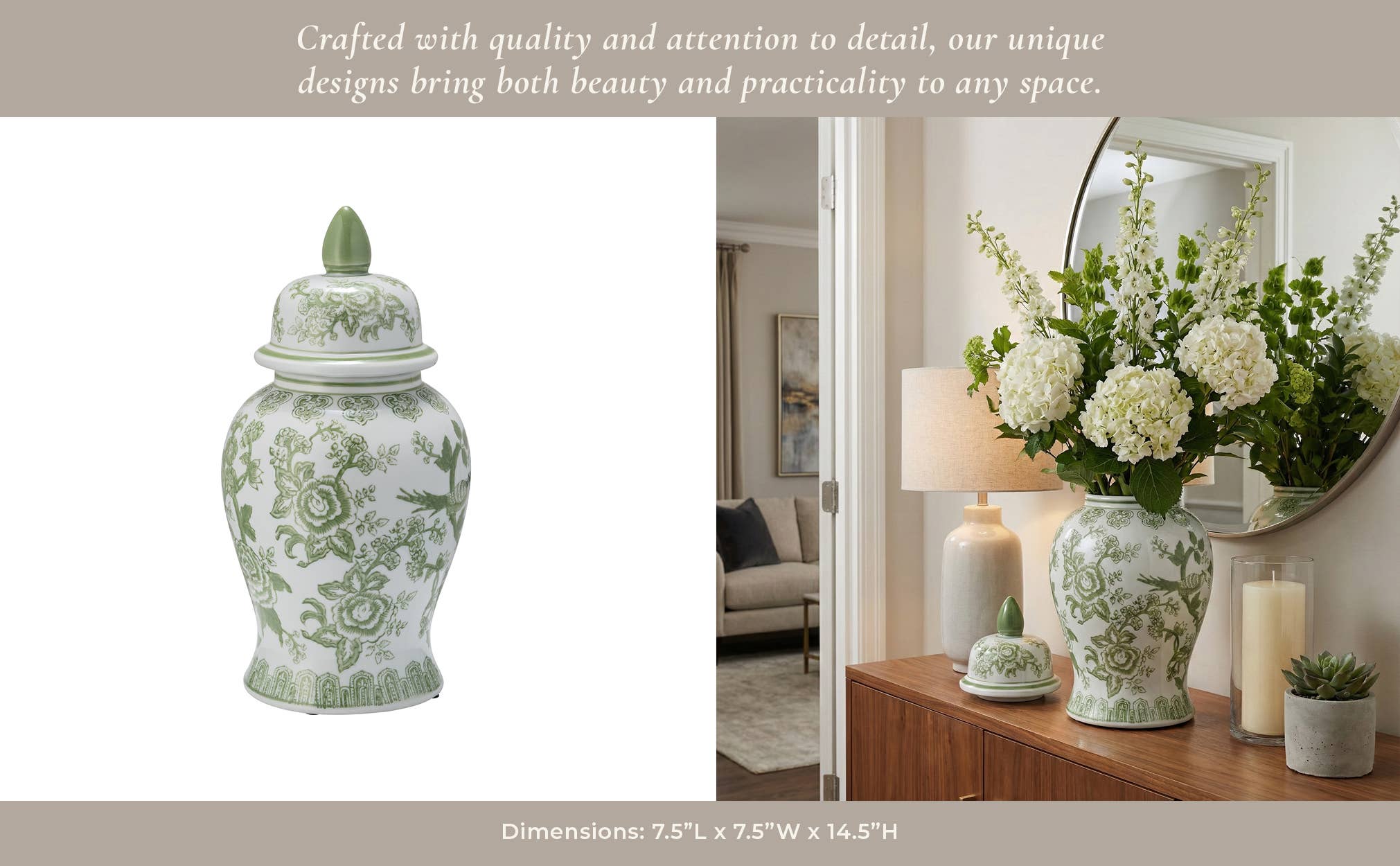 Decorative Jar - Green/White Floral Round Chinoiserie, 14 in