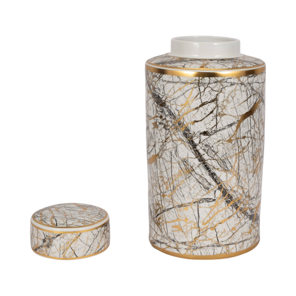 Decorative Jar - White Ceramic Modern with Gold Lid, 16 in.