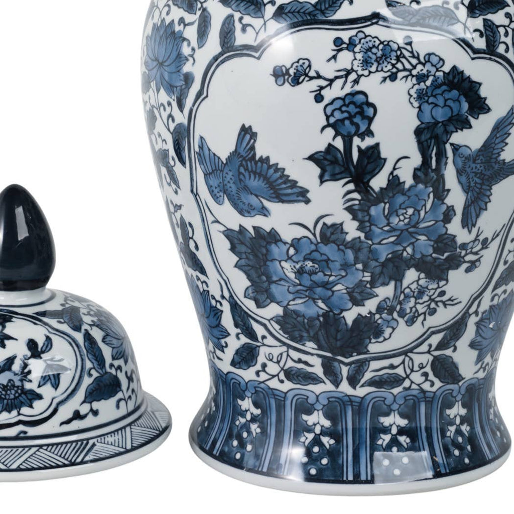 Decorative Jar - Blue Ceramic Flowers Temple Style, 19 in.