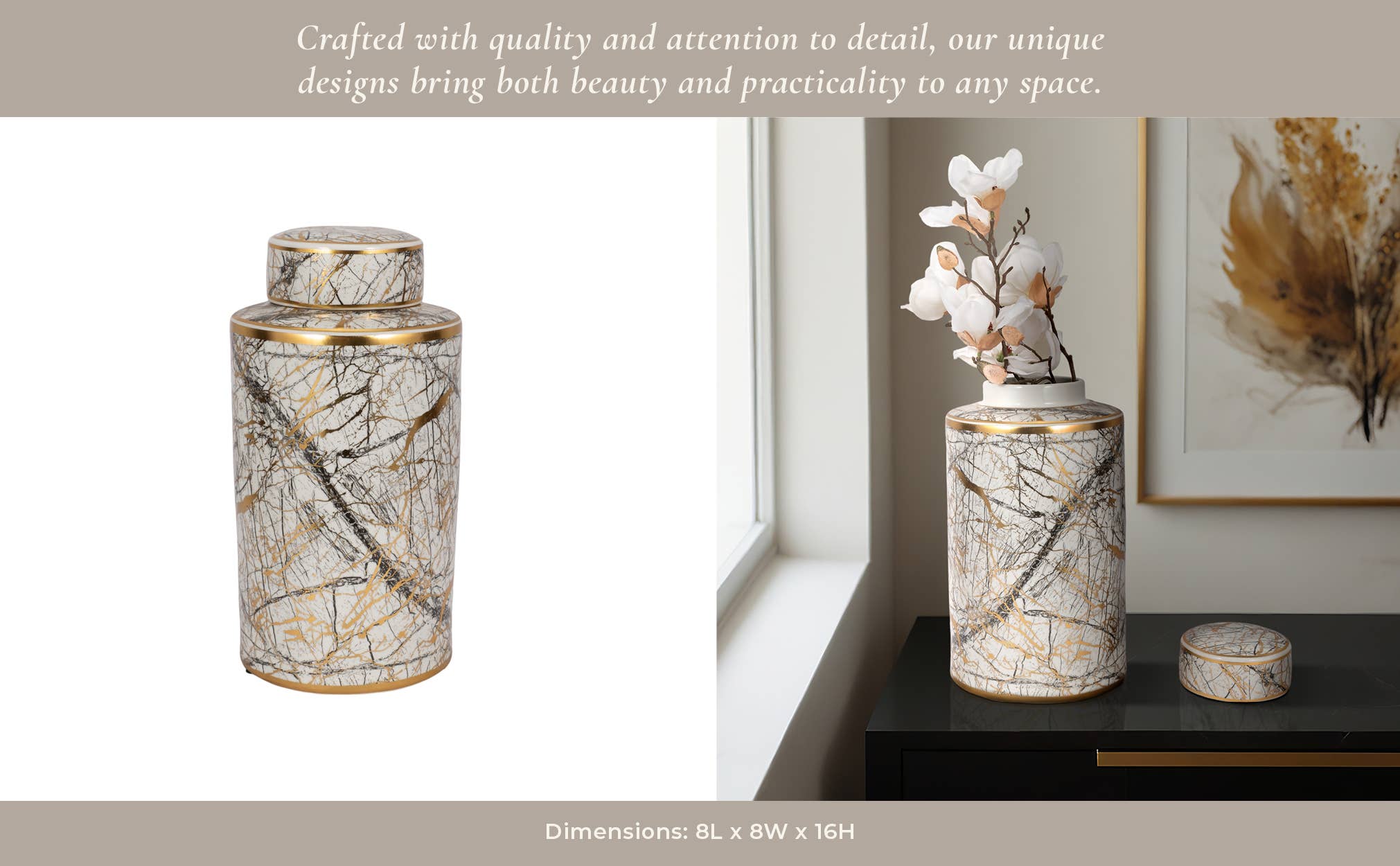 Decorative Jar - White Ceramic Modern with Gold Lid, 16 in.