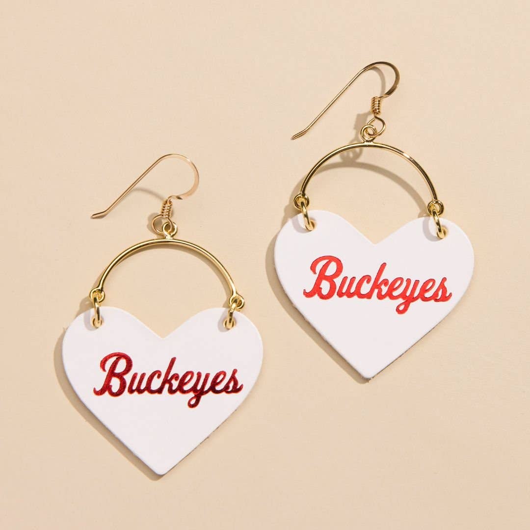 White Ohio State University Buckeyes Lover Heart Hoop Earrings: Gold