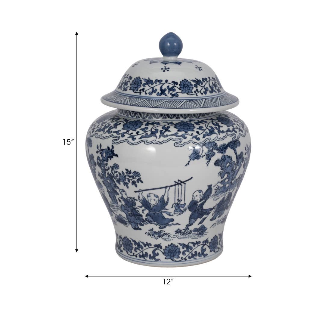 Decorative Jar - Blue Ceramic Blossoms Temple, 15 in.