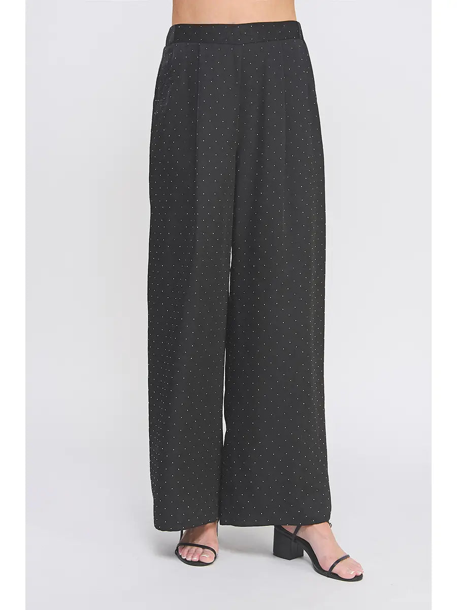 Embellished Crinkle Satin Soft Wide Leg Pant
