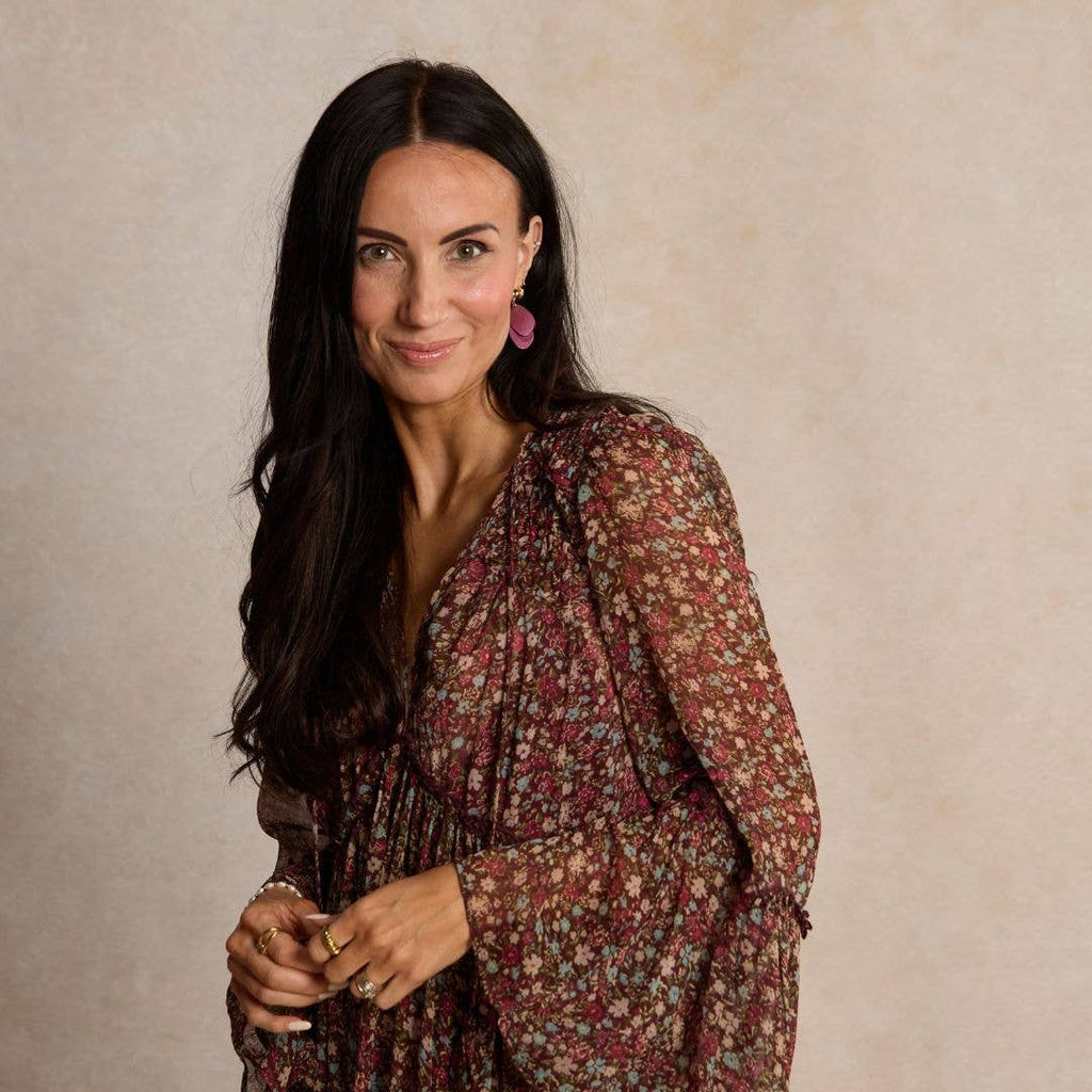 Garnet Shimmer Suede Weston Leather Drop Earrings: Gold