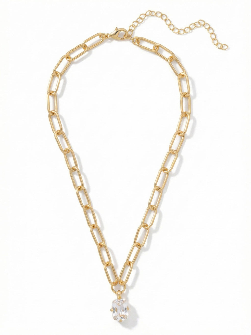 10k Gold Plated Chunky Paperclip Chain & Crystal Necklace: Clear