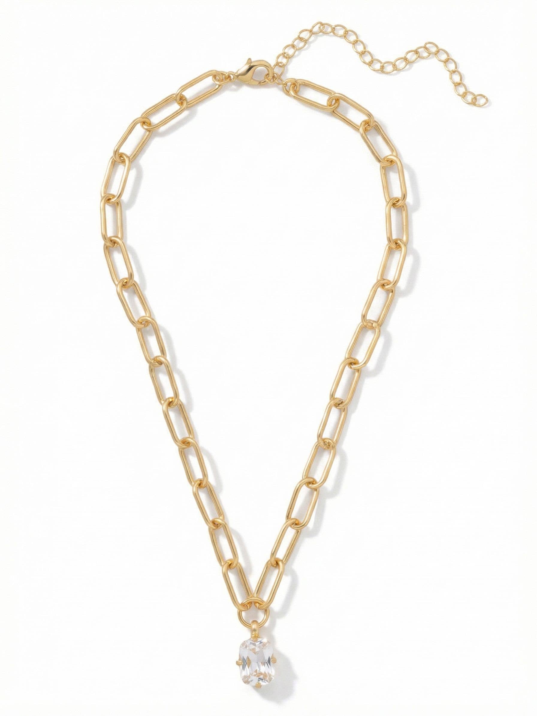 10k Gold Plated Chunky Paperclip Chain & Crystal Necklace: Clear