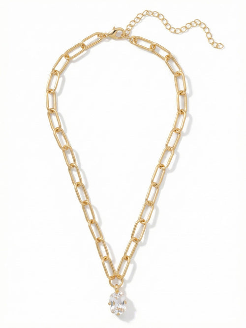 10k Gold Plated Chunky Paperclip Chain & Crystal Necklace: Clear
